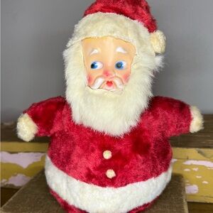 MCM VINTAGE 14” STUFFED ROLY POLY SANTA DOLL , Baby Face Santa, Rabbit Fur